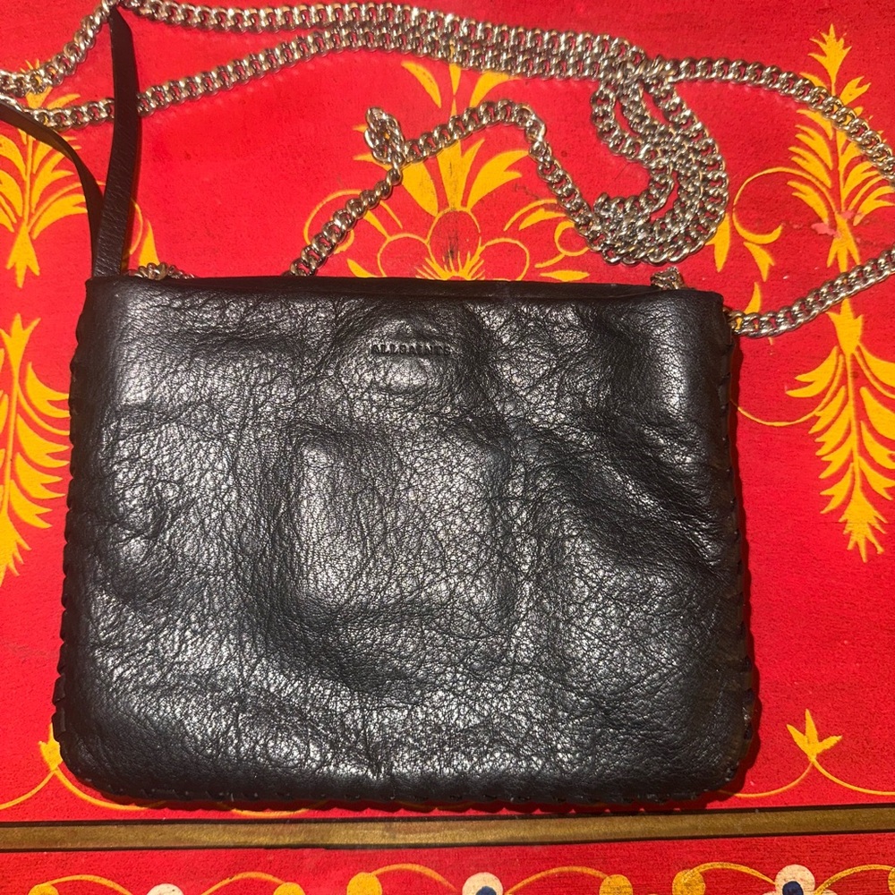 All Saints Black whipstitch cross body purse silver chain - Picture 3 of 13